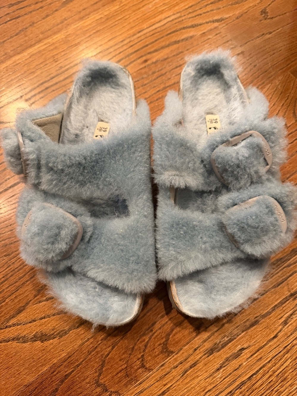 Papillio by Birkenstock big buckle blue shearling slide sandals sz 39 or 8/8.5